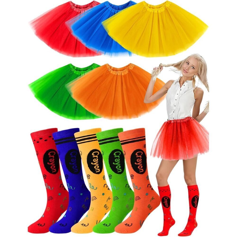 Halloween Crayon Costume Set Nylon Tulle Skirt Socks for Adults Women
